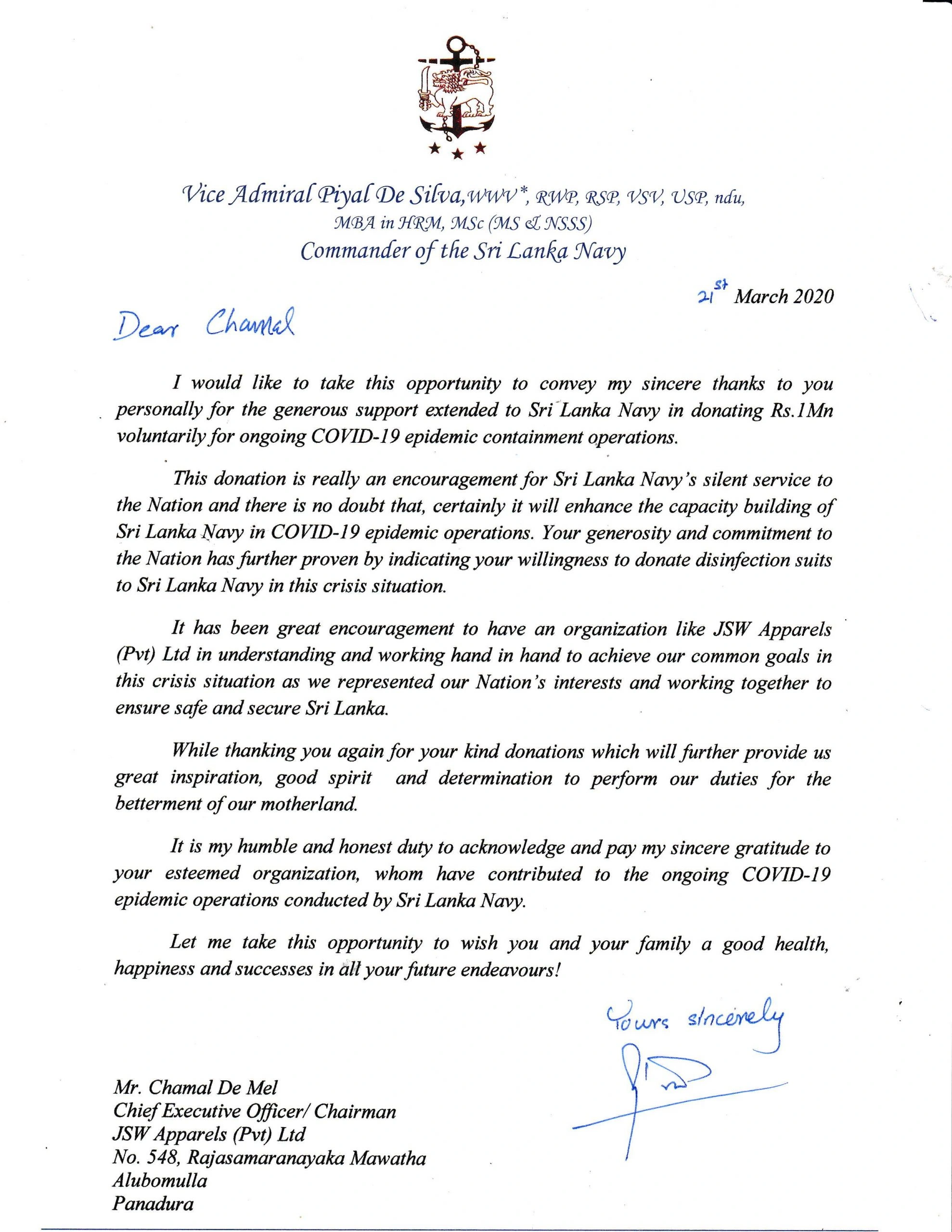 Sri Lanka Navy letter of appreciation